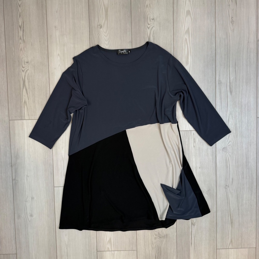 Sympli Colorblock Tunic Top Navy Blue Cream Black 3/4 Sleeve Size 16 Canada